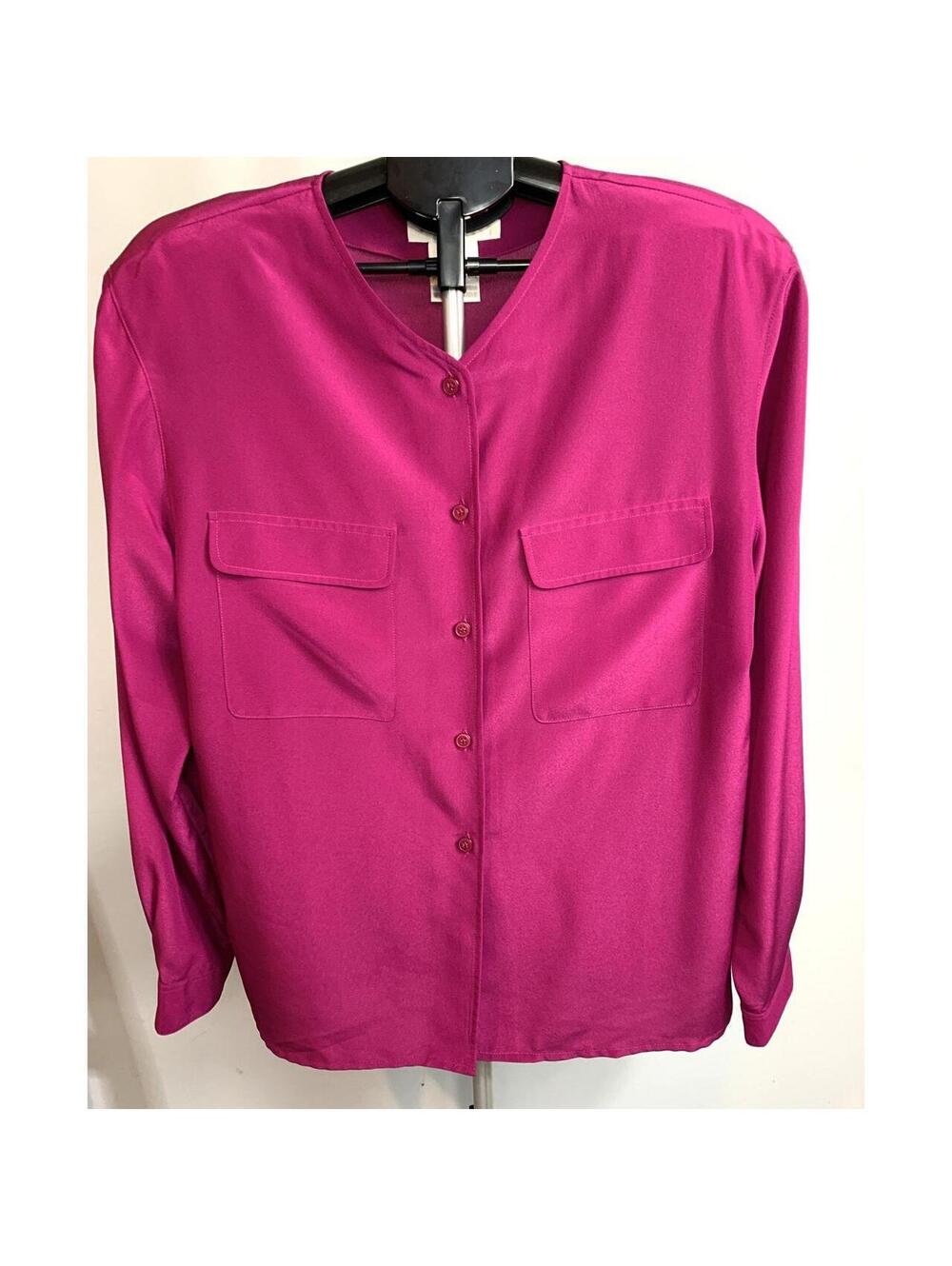 Magenta Long Sleeve Button-Up Blouse with Chest Pockets
